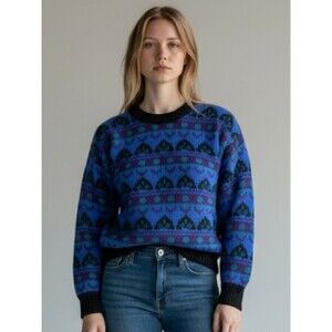 Vintage 1980s “Ugly Awesome” Mohair blend Blue Purple Crewneck Sweater - Large
